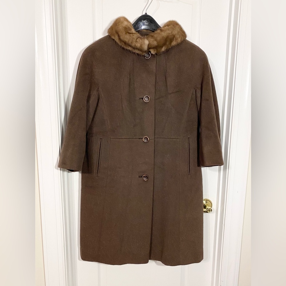 60s Sycamore Fur Collar Wool Coat UNION MADE in USA Vintage Brown Size Large
